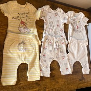 Disney Baby Winnie the poo. 3 newborn onesies with matching newborn pants.